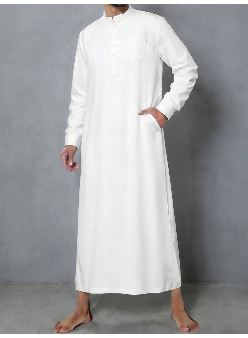 ثوب رجالي سعودي كلاسيكي أبيض بأكمام طويلة جلباب إسلامي بياقة واقفة - Image 4